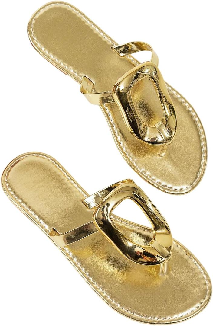 OYOANGLE Women's Metal Ring Flip Flops Metallic Open Toe Comfy Vacation Dressy Slide Sandals Gold 9