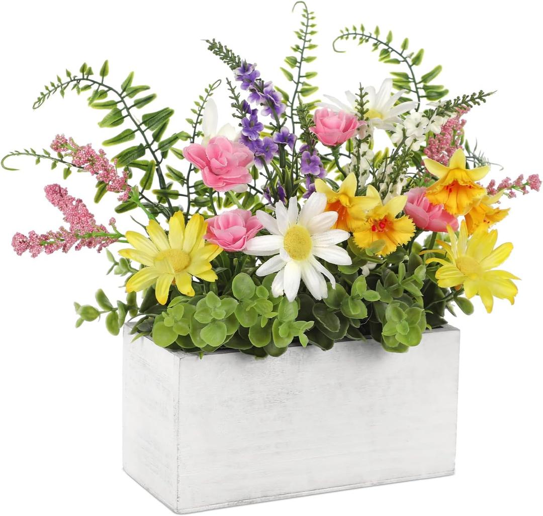 Briful Table Floral Arrangement Centerpiece, Artificial Flowers in Wooden Vase, Flower Plants Centerpieces for Tables, Farmhouse Table Decor, Living Room Dining Coffee Table Shelf Decor (White)