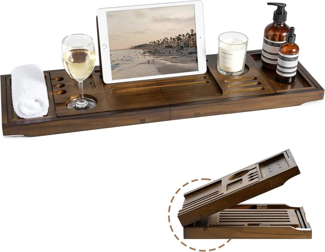 Teak Bathtub Tray | Adjustable Width Tray with Holder, Tablet/Phone & Book Stand, Splash-Proof for Bath Time- Walnut