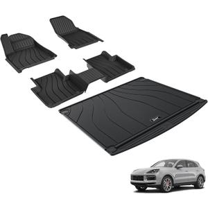 3W Floor mats &Cargo Liner for Porsche Cayenne 2019-2024 2025, TPE All Weather Custom Fit Floor Liner for Porsche Cayenne Full Set Car Mats, Black