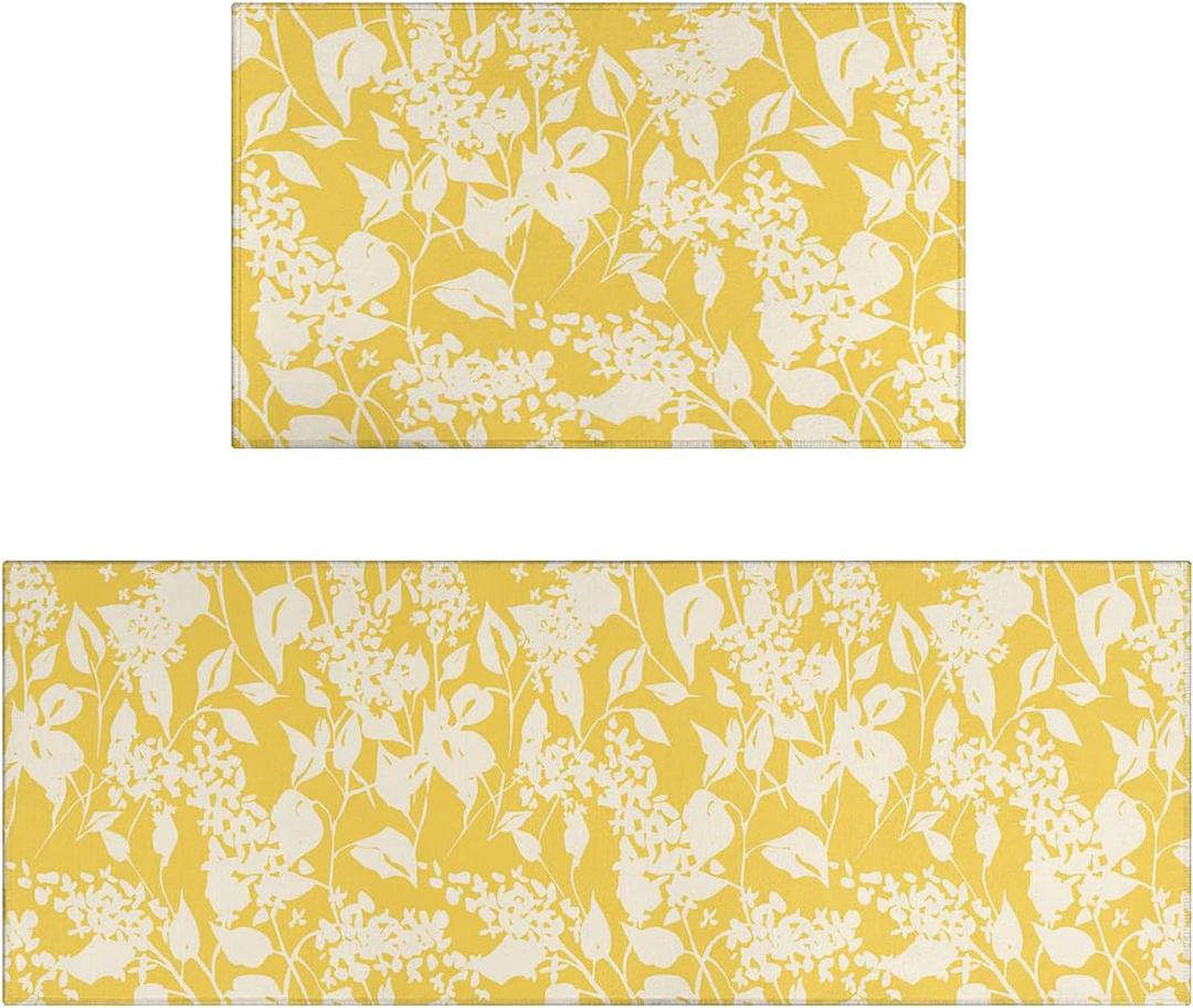 Yellow Floral Kitchen Rug Mat Spring Country Kitchen Rugs Sets of 2 Washable Kitchen Floor Mats Non-Slip Yellow Kitchen Decor, 1'5" x 3'11"
