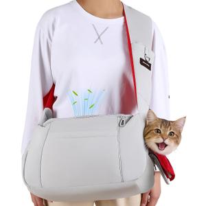 Dog Sling Carrier for Small Dogs & Cats up to 10lbs, Soft Puffy Lightweight Cat Sling Carrier with Adjustable Padded Shoulder Strap & Storage Pocket for Hands-Free Walking & Hiking Grey