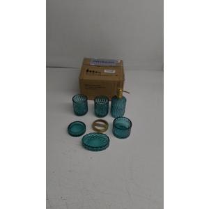 EMPO 6PCS Bathroom Clear Glass Accessories Set (Lotion Soap Dispenser, Soap Dish, Toothbrush Holder, Tumbler, Cotton Swab Jar), Contemporary Modern Decor Crystal Vintage Gift (6pcs Ocean Teal Blue)
