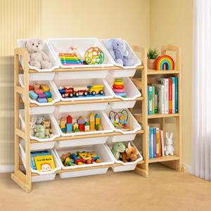 Kids Toy Storage Organizer with Bookshelf Wooden Shelf with 12 Bins & 3 Shelves, Quick Assembly Storage Rack for Playroom, Bedroom, Nursery White