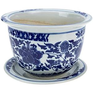 Blue and White Ceramic Flower Pot, 6.7 Inch Round Planter with Saucer for Indoor and Outdoor Plants, Excellent Drainage and Stable Design