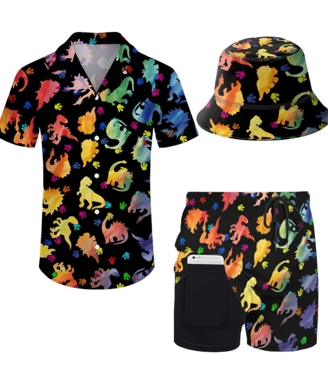 Men's Hawaiian Shirt and Shorts Set 2 Piece Beach Outfits with Bucket Hats for Beach Days and Summer Vibes, Size L