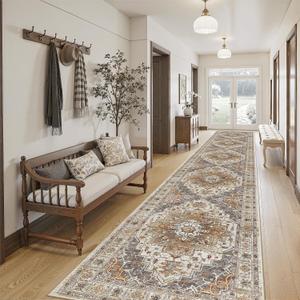 Madane Hallway Runner Rug 2'6''x14', Non Slip Vintage Runners for Hallways Washable Kitchen Rugs Soft Low Pile 2.5x14 ft Rug Runner for Laundry Room, Entryway and Bedroom, Turmeric/Grey