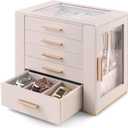 Homeanda Jewelry Box for Women with Glass Lid, 5 Drawers Jewelry Organizer and Storage for Necklaces, Rings, Earrings, Bracelets, Gift for Girls and Teens,PU Leather (Beige)