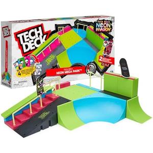 Tech Deck, Neon Mega Park X-Connect Creator, Customizable Glow-in-The-Dark Ramp Set with 2 Blind Skateboard Fingerboards, 90+ Pieces, Gift for Ages 6+