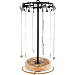 Rotating Necklace Holder Organizer, Necklace Tree Stand Display for Vendors, Tall with 24 Hooks Tangle-Free and Spinning, Gifts for Mother Womens Craft Show, Vintage Wooden and Black Metal (16.9 inch Overall Height)