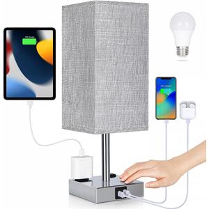 Soilsiu Bedside Lamp with USB Ports - Touch Control Table Lamp for Bedroom with USB C+A Charging Ports & AC Outlets, 3 Way Dimmable Nightstand Light for Living Room (LED Bulb Included, Chrome - Grey)