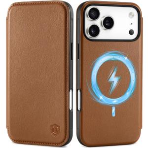 SHIELDON Slim Genuine Leather Case Wallet for iPhone 17 Pro Max 6.9" 2025 | Flip | Wireless Charging | Magnetic | RFID Blocking Credit Card Holder | Full Protective Phone Cover | Saddle Brown