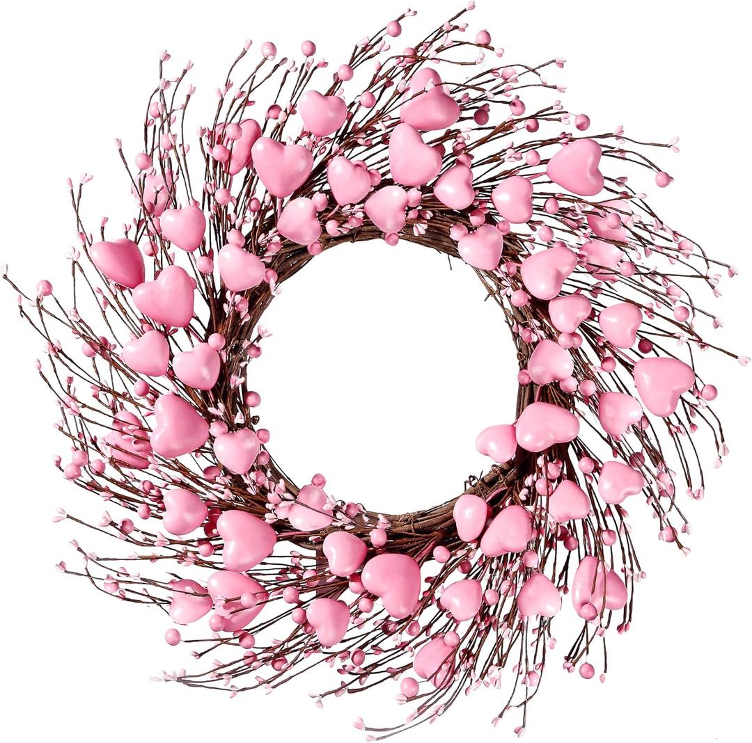 Sggvecsy 21 Handmade Foam Heart Shaped Wreath Pink Pip Berry Artificial Rustic Twig Wreath Artificial Door Wreath for Wedding Party Home Office Decor