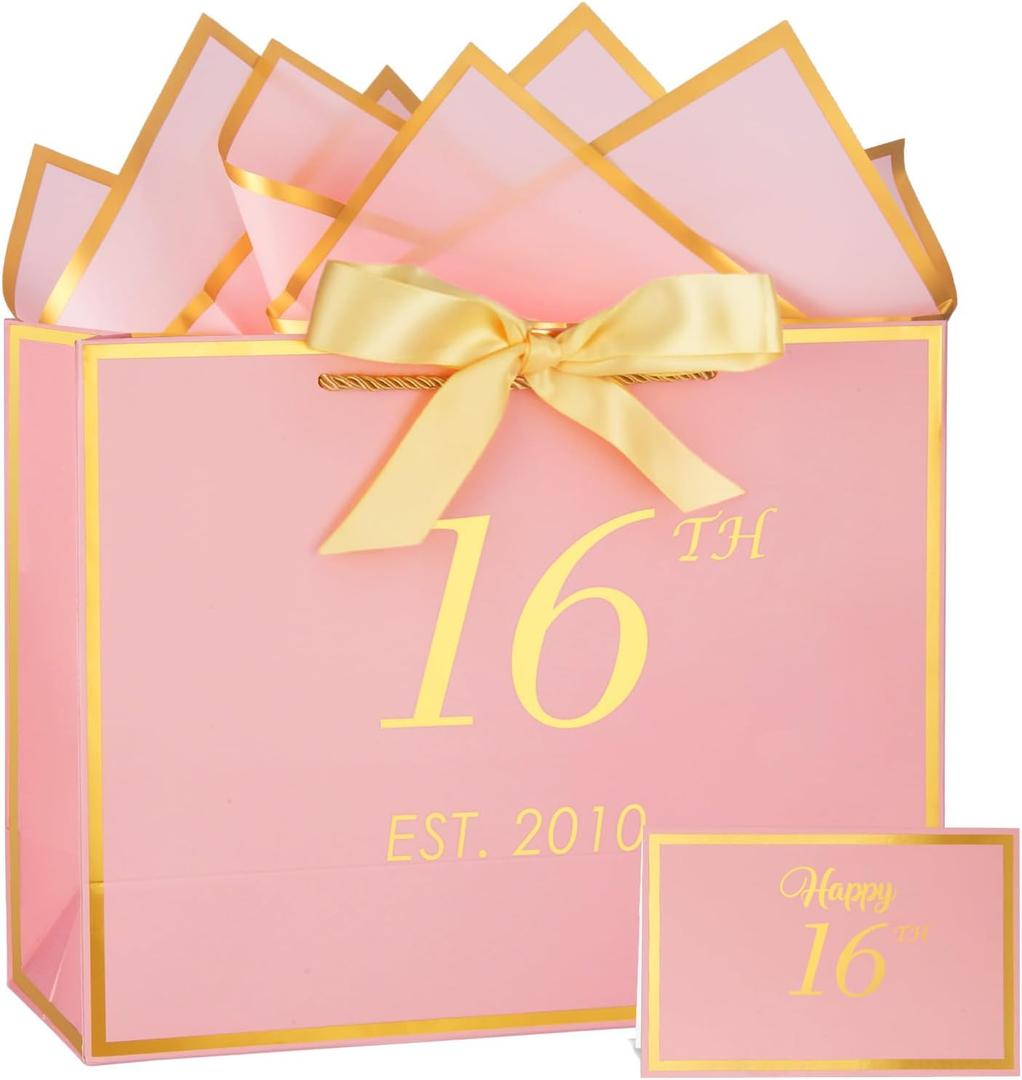 Momoake 16th Birthday Gift Bag with Card and Tissue Paper for Women/Her, 2010 16 Year Old 13" Elegant Pink Gold Anniversary Keepsake Party Present Shopping Paper Bags for 16th Birthday Decorations