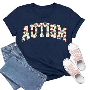 TIEEI Women Autism Awareness Shirt Autism T-Shirts Colorful Puzzle Piece Tee Tops, Medium