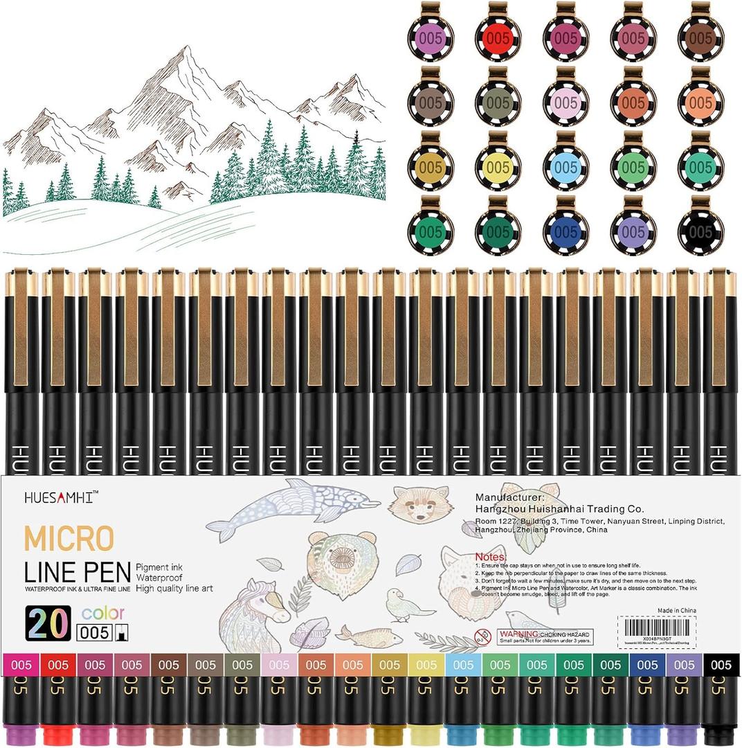 005 Micro Pen 20 Colors 0.20mm FineLiner Pens for Art Waterproof Ink Fine Tip Illustration Sketching, Anime Bullet Journal and Technical Drawing
