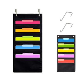 Hanging Wall File Organizer, 5 Pocket, Black Wall Storage Pocket Charts with 2 Hangers, Oxford Cloth Storage Pocket, Over The Door File Organizer, Great for Classroom, Home or Office Use (5 Pocket)