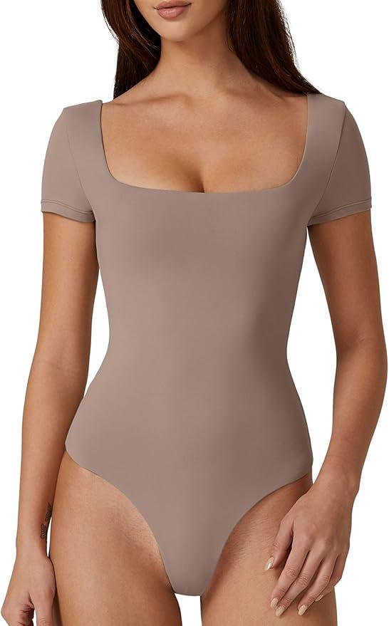 QINSEN Women's Square Neck Short Sleeve Double-Layer Bodysuit Fashion T-Shirt Tops, Large 
