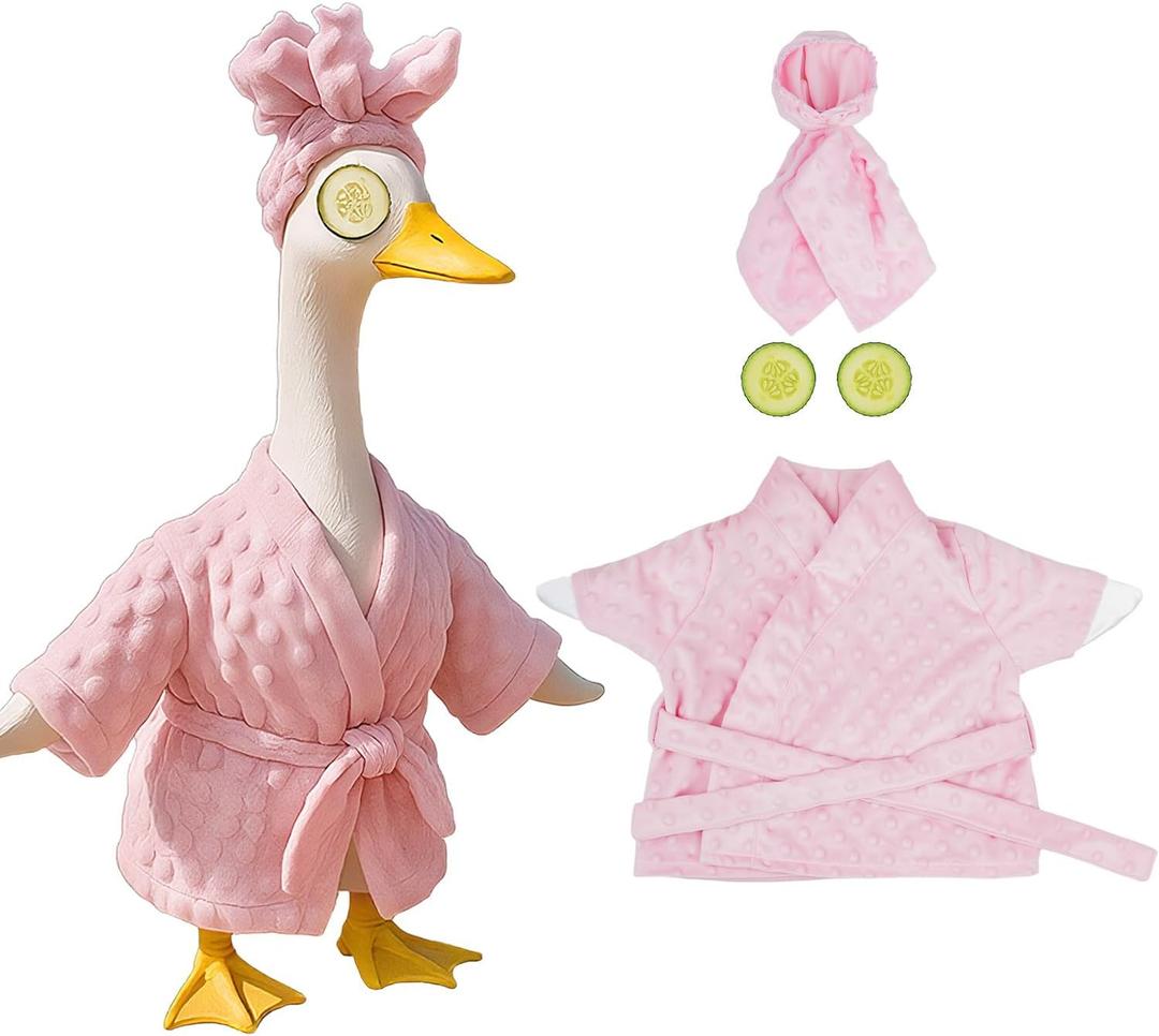 Lady Porch Goose Outfit Set with Bathrobe Shower Cap Cucumber Eye Mask Funny Goose Clothes for 23" Cement Plastic Lawn Statue Halloween Christmas Birthday Outdoor Garden Yard Patio Decoration (Pink)