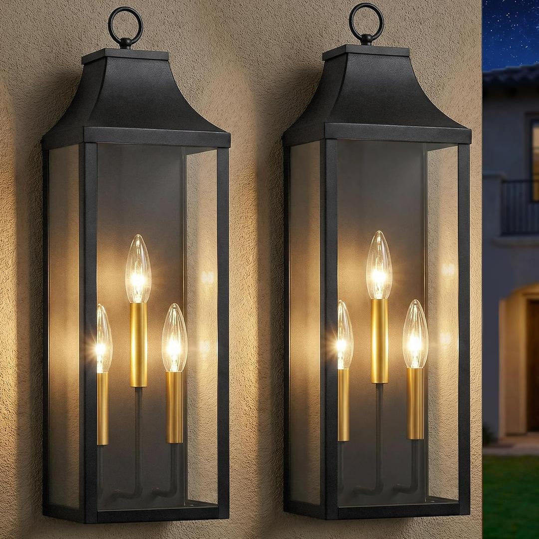 2-Pack 24" Large Outdoor Wall Lights,E12 Black Exterior Light Fixture Wall Mount, Farmhouse Porch Lights Outdoor Wall Lantern with Clear Glass, Waterproof Outside Sconce Lights for House Garage, 24 Inch-No Sensor