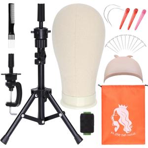 PWEOUKE 22 Inch Canvas Wig Head with Stand for Wigs ,14-22 Inch Height Adjustable Wig Stand Tripod with Canvas Block Wig Head,Manikin Head Block Set for Cosmetology with Wig Stand and Storage Bag (White)