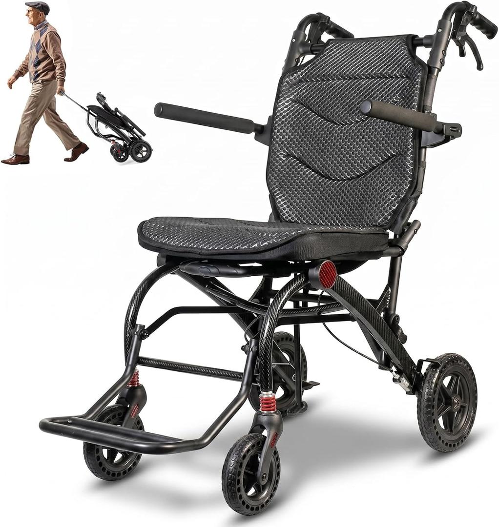 SOFTFISH Transport Wheelchair with Ergonomic Seat and Pull Rod, Foldable Travel Wheelchair for Adults Seniors, Brakes, Flip-Back Armrests, Footrests, Carbon Fiber-Style Aluminum Frame, 220 lb Capacity