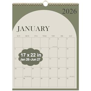 Large Calendar 2026 with Spiral Bound - 18 Month Big Calendar from January 2026 to June 2027, Vertical Large Monthly Calendario 2026 for Wall, 22" x 17", Green