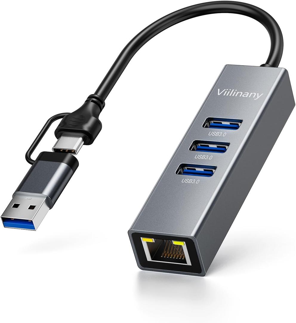 USB C to Ethernet Adapter, USB Ethernet Hub with Gigabit RJ45 Port and 3 USB 3.0 Data Ports, Plug and Play, 1Gbps Network Adapter Compatible with Laptop, PC, Windows 10/11, MacBook, iPad