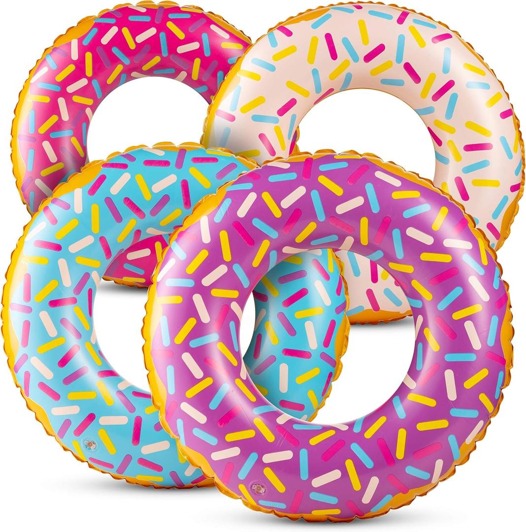 Inflatable Donuts  (Pack of 4) 24 Inch Donut Pool Float for Kids Ages 26 Pool Tube, Assorted Swim Rings with Sprinkles for Pool Floaties, Party Decorations