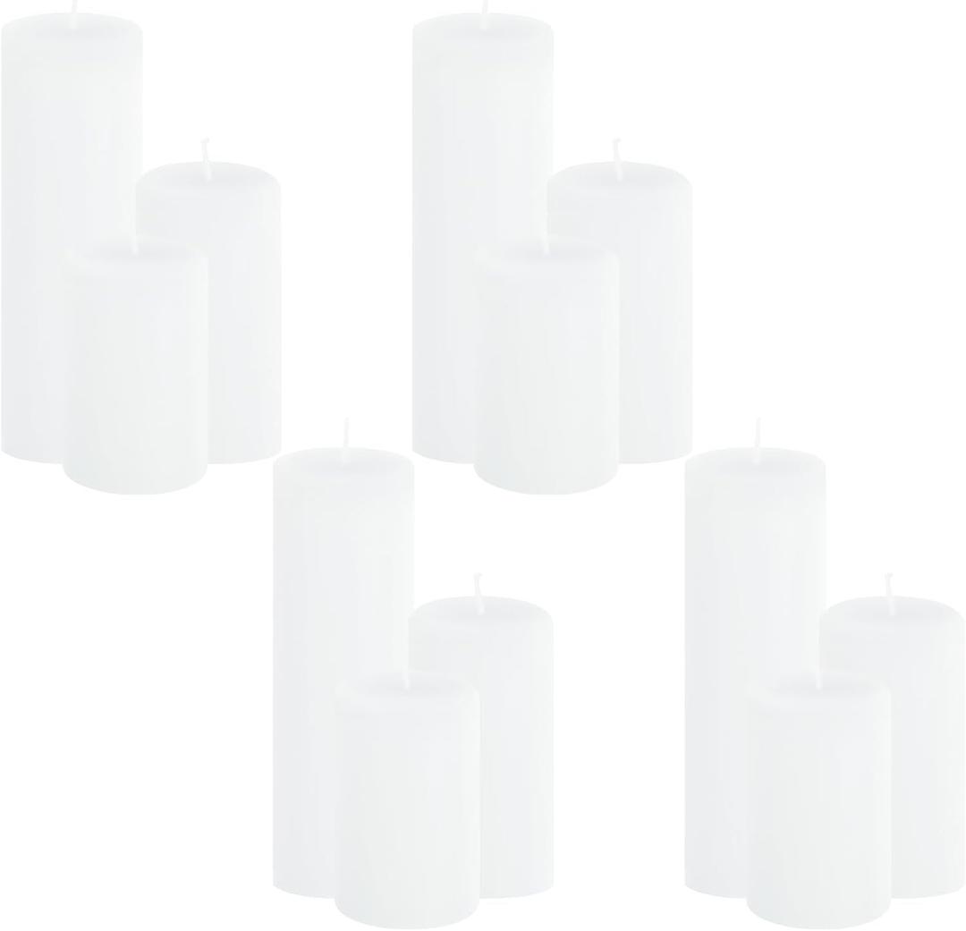 12-Pack White Pillar Candles Bulk Set - 2x3, 2x4, 2x6 Inch Unscented Dripless Pillar Candles for Weddings, Home Decor & Centerpieces - Clean Burning Smokeless Decorative Candles