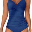 B2prity Women's Ruched Tankini Swimsuits V Neck Wrap Tie Back Two Pieces Bathing Suit Tummy Control Swimwear M