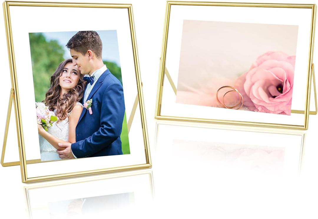 8x10 Picture Frame set of 2 (Gold, Horizontal + Vertical) for 5x7 6x8 with Floating Effect, for 8 x 10 without Floating, Double Real Glass Photo Frames Only for Tabletop