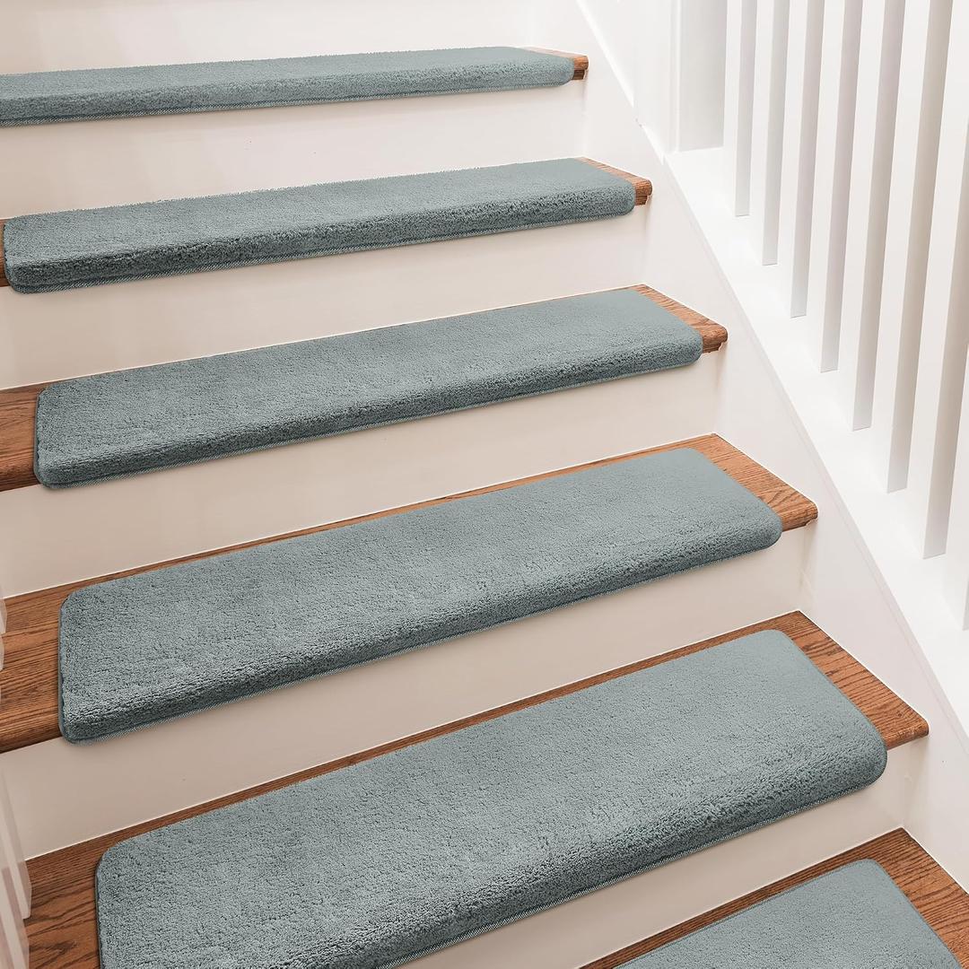PURE ERA Carpet Stair Treads Ultra Plush 9.5" X 30"Soft Bullnose Indoor Stair Protectors Pet-Friendly Non-Slip Skid Resistant Tape Free Washable Reusable(14 Pieces, Greenish Gray)