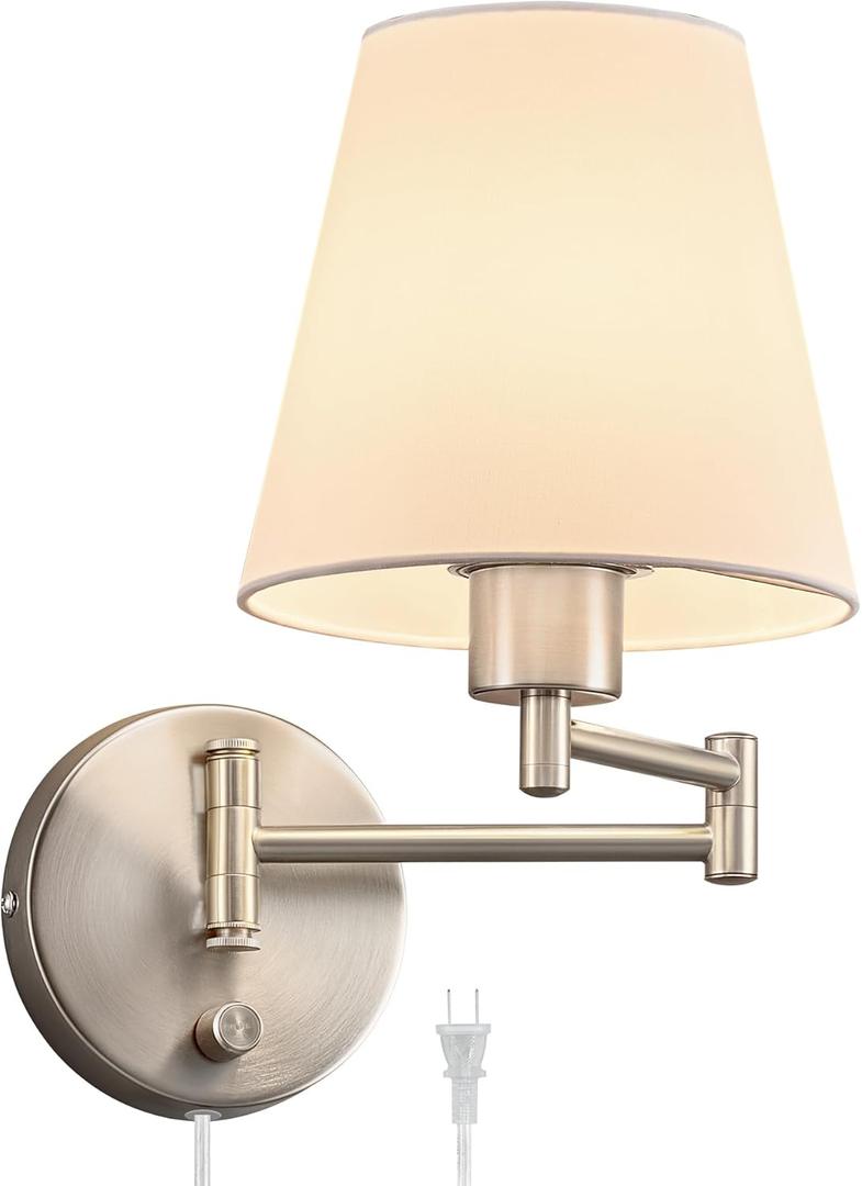 VONLUCE Modern Adjustable Swing Arm Wall Lamp Brushed Nickel, Plug-in Wall Sconce Lighting for Bedroom Bedside, Living Room, Kitchen, Hallway, Wall Mounted Light Fixtures with White Fabric Shade