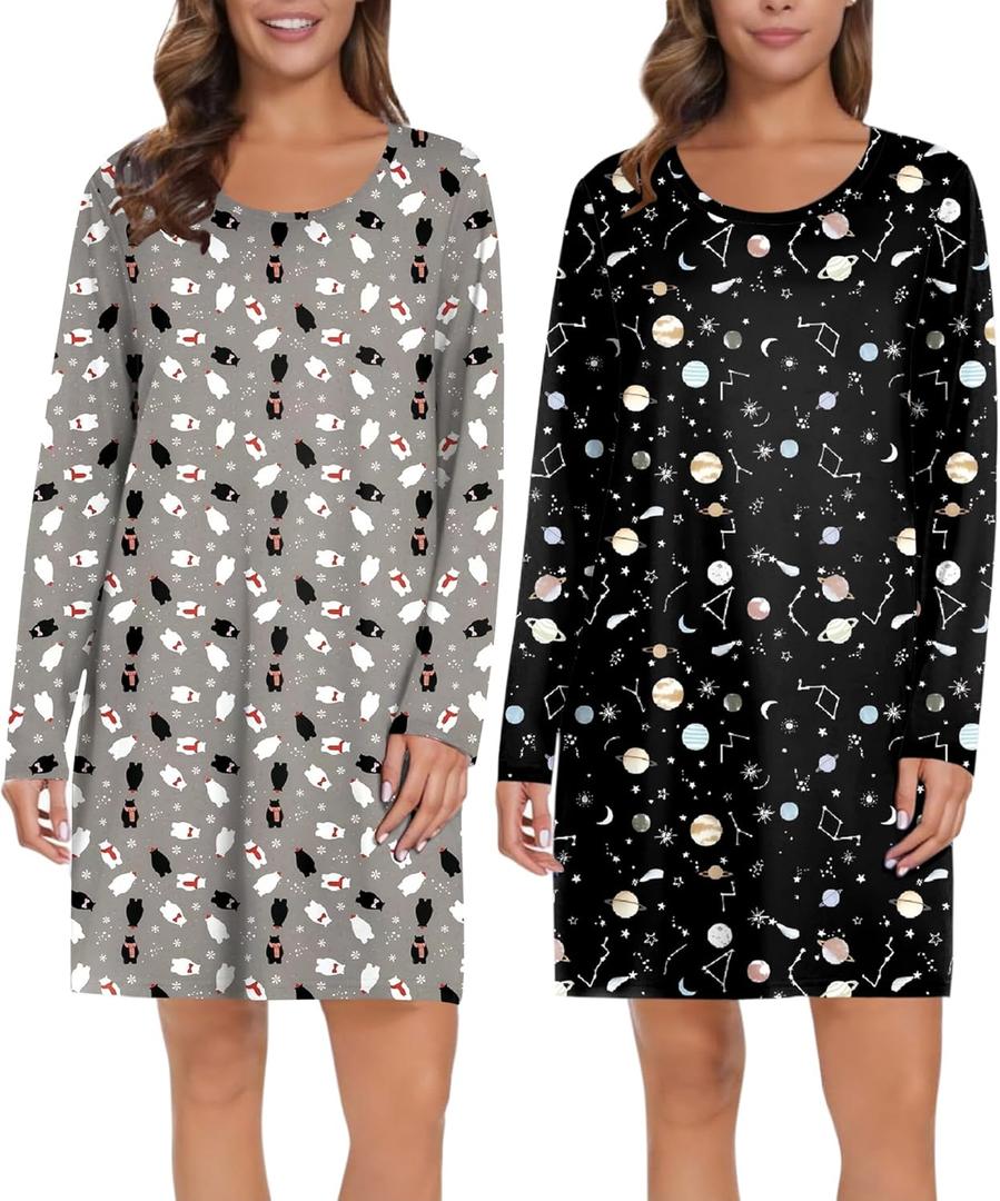 Ekouaer 2 Pack Long Sleeve Sleep Shirts for Women Soft Night Shirts Pullover Nightgowns Comfy Night Gowns Dress S-3XL (Medium, Polar Bear&planet)