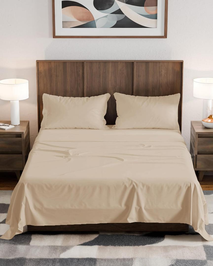Olympic Queen Sheet Set 66x80 - 4 Piece RV Olympic Queen Size Sheets - Ultra-Soft, Breathable & Cooling - Fits 14” to 16" Mattress w/ Deep Pockets - Comfy Luxury Bedding - Fade & Wrinkle Free - Wheat