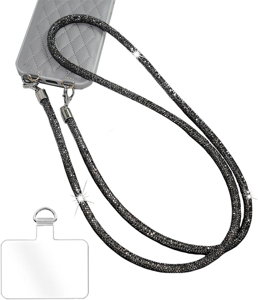 Phone Crossbody Lanyard, Crystal Phone Lanyard with Full Rhinestone Bling Glitter, Bling Phone Strap with Tether Patch for Most Phone Handbag WalletBlack