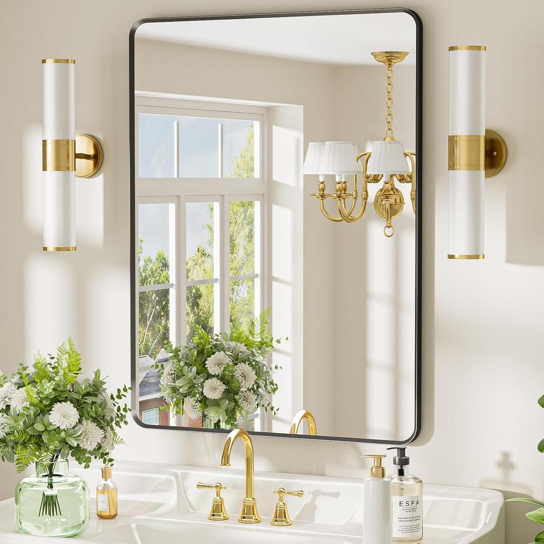 24x36 inch Black Bathroom Mirror, Metal Framed Rounded Rectangle Wall Mount Vanity Mirror, HD Tempered Glass, Aluminum Frame, Horizontal or Vertical Hanging, Modern Home Decor