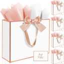 Ethhqu 5Pack Elegant Large Gift Bags with Handles, 12.6x10x4 Inch - Set Includes Tissue Paper & Cards for Birthday, Baby Shower, Wedding, Anniversary, Mothers Day & Holiday Gifts (5Pcs White with Rose Gold Rim)