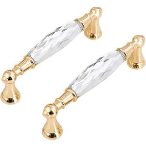 MFYS 2 Pack Crystal Drawer Pulls Handles Clear Crystal Cabinet Pulls Gold Drawer Knob Pull Glass Dresser for Bathroom Cupboard Knob (2, 5" Hole to Hole)