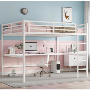 Bellemave Queen Loft Bed with Desk, Metal Queen Loft Bed Frame with guardrail and Ladder for Adults, Kids, Teens, White