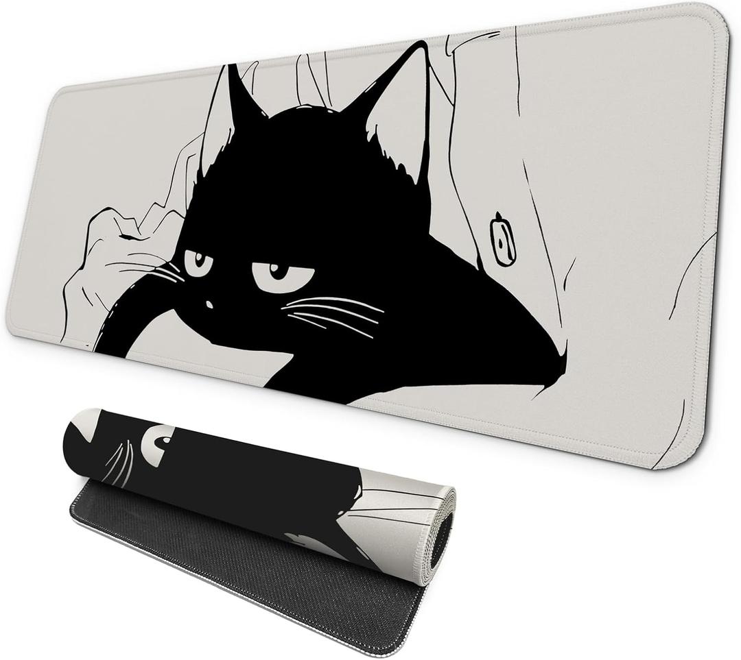 MAY FLOWER Large Gaming Mouse Pad, Full Keyboard Mat, Long Laptop Mousepad, Computer Mouse Mat for Home and Office, Anti-Slip Rubber Base, 31.5 x 11.8 Inches (Black Cat)