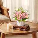 Artificial Flowers Fake Roses and Small CeramicVase,Artificial Plants & Flowers,Desktop DecorationSuitable for Dining Tables, Living Rooms, bedrooms, Offices, Gifts, Weddings (Pink)