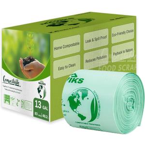 Super Durable Biodegradable Compostable Trash Bags 13 Gallons / 49.2 Liter, Green Biodegradable Trash Bags 80 Pcs, Small Kitchen Compost Bags for Countertop Bin, BPI & OK Compost Certified