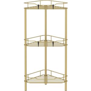 HuggieGems 3 Tier Floor Standing Corner Shower Caddy Organizer Shelf with Hooks, Bathroom Shelves Stand Rack, Gold