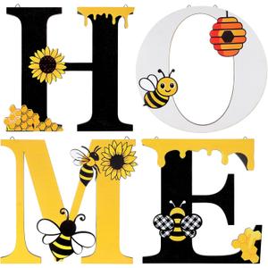 4 Pcs Bee Home Letters Wall Decor Wooden Bee Sign Wall Art Summer Decorations for Home Rustic Sunflower Hanging Art Farmhouse Hive Honeycomb Decorations for Living Room Kitchen Bedroom