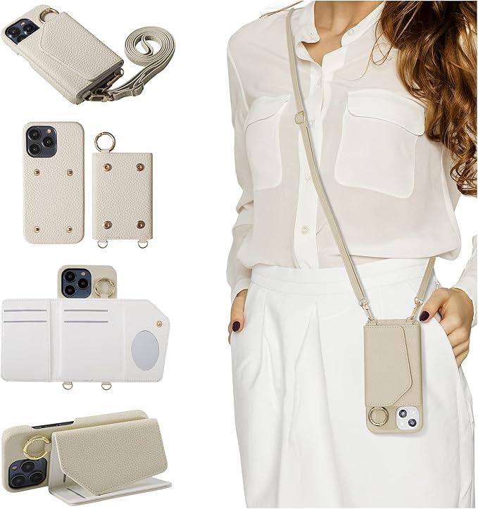 HANDODO Wallet Case Compatible with iPhone 12/12 Pro,Women Vegan Leather Detachable Crossbody Phone Case with RFID Blocking Card Holder Adjustable Strap Shockproof Kickstand Phone Wallet (Ivory)