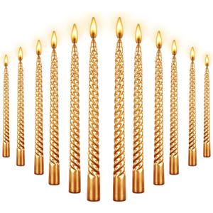 10 Inch Tall Taper Candles Spiral Candle, Set of 12 Tapered Candle, 8 hrs,Tasteless and Smokeless,Long Candle,Tall Candlesticks, Home Dinner, Party, Wedding, Halloween (12, Golden, 25cm)