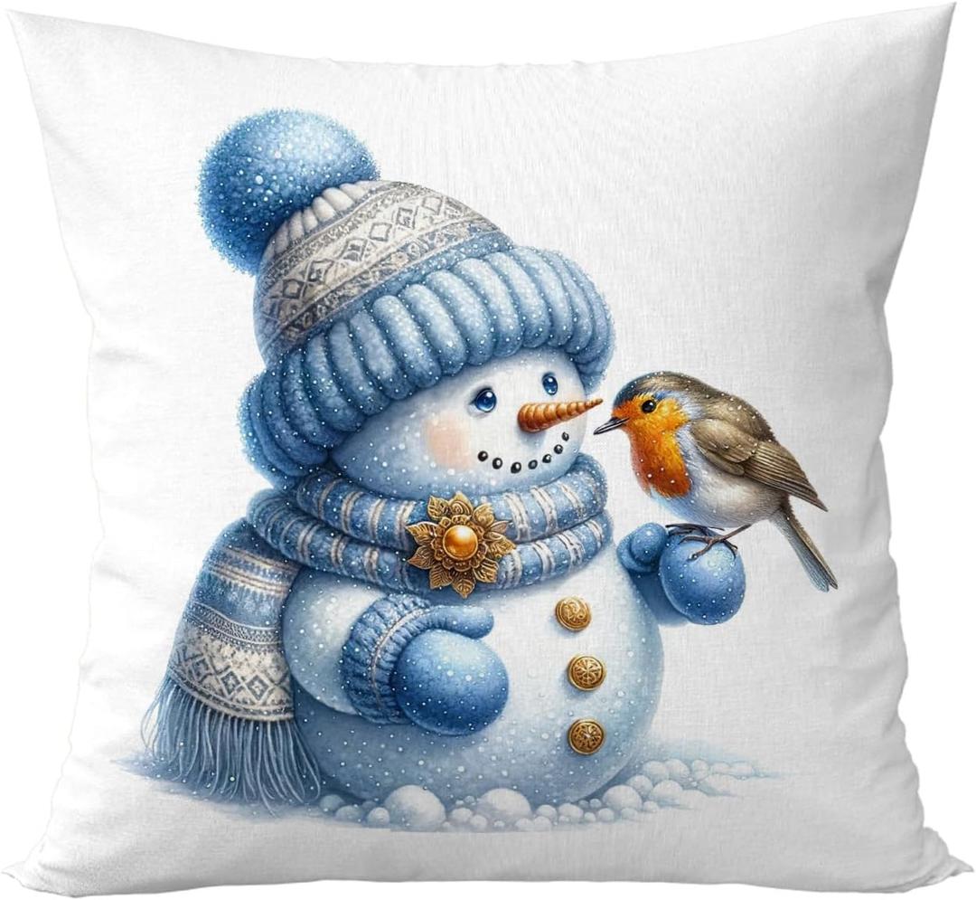 Gqtt Blue Christmas Pillow Covers 18x18 - Blue and White Winter Snowman, Bird Throw Pillow Covers, Snowman Christmas Decorations