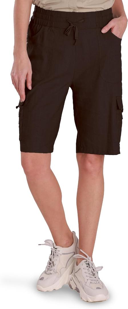 LIFOMO Women's Shorts 10'' Inseam Linen Hiking Cargo Shorts Summer Bermuda Drawstring Lightweight Casual Comfy with Pockets, Brown, L (Brown, L)